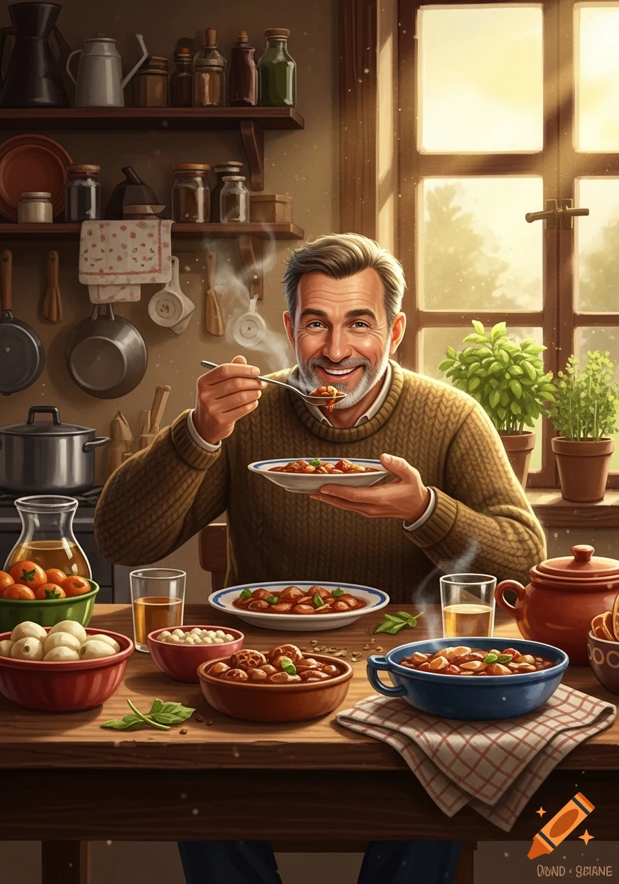 A smiling man eating a meal at a wooden table in a cozy, sunlit kitchen, detailed illustration.