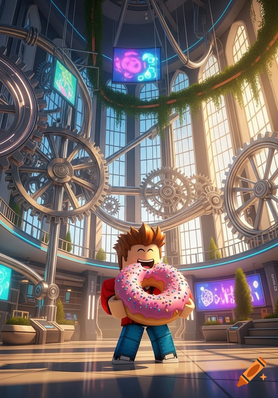 A happy Roblox character holding a large pink donut with sprinkles, standing in a grand steampunk-style hall with large gears and windows.