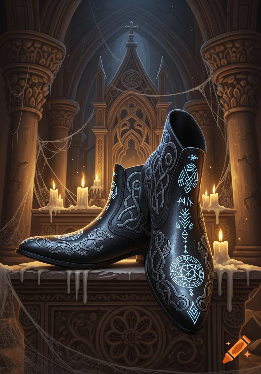 A pair of black ankle boots with glowing silver and blue arcane symbols and celtic knots sits in a dark, cobweb-filled gothic crypt with candles.
