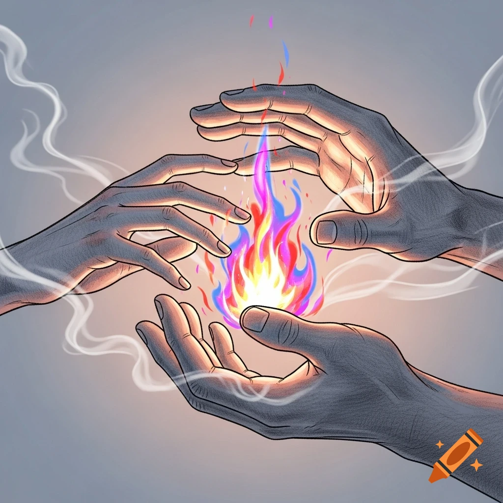 Illustration of two hands holding a vibrant, multicolored flame with wisps of smoke against a light background.