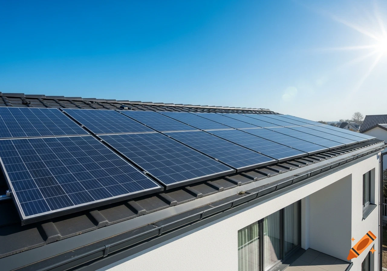 Modern house roof with many shiny solar panels under a clear blue sky with a bright sun.
