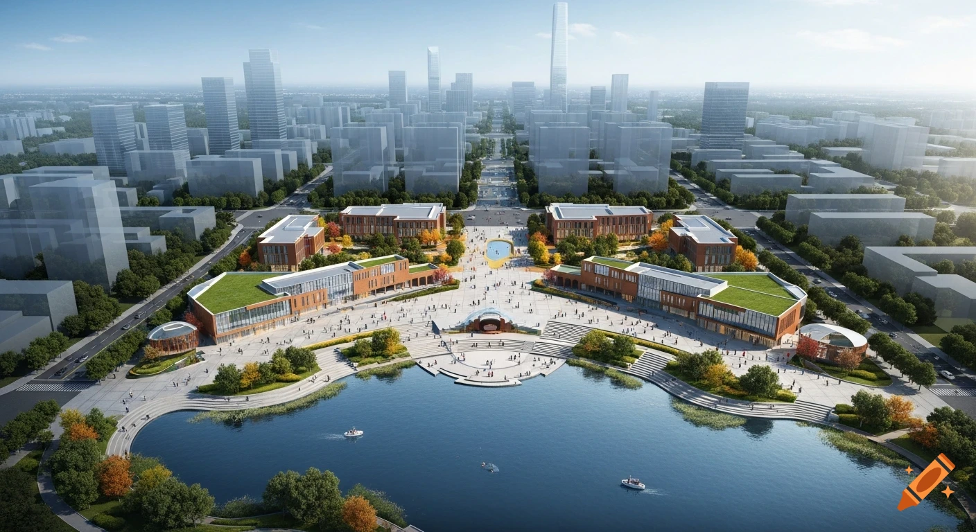 Aerial view of a modern civic center with brick buildings, green roofs, an urban square, a stage, and a lake, surrounded by trees and a distant cityscape.