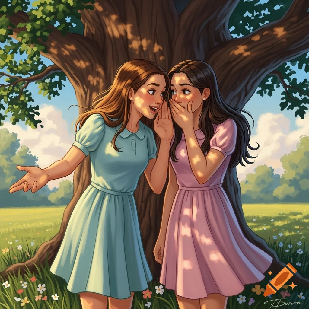 Two cartoon girls whisper a secret by a large tree in a sunny park with wildflowers, one with an open hand gesture.