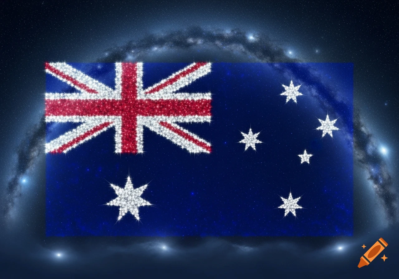 The Australian flag, depicted with glittering red, white, and blue stars, against a deep blue starry night sky and galaxy.