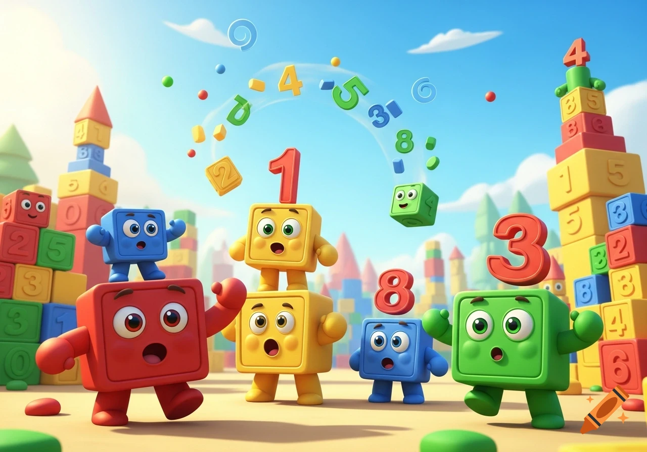 Colorful cartoon number block characters play amongst stacked number blocks and floating numbers under a blue sky.