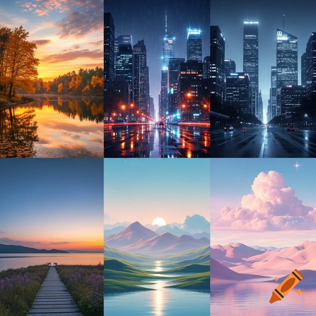 A collage of six scenic backgrounds: a fall forest, two rainy cityscapes, a boardwalk at sunset, and two surreal landscapes with mountains and dunes.