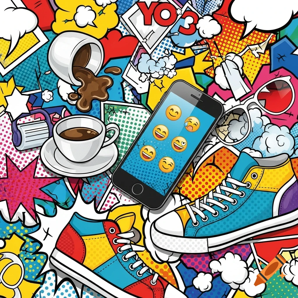Vibrant pop art collage with a phone showing emojis, spilled coffee, colorful sneakers, and sunglasses on a background of comic book-style speech bubbles.