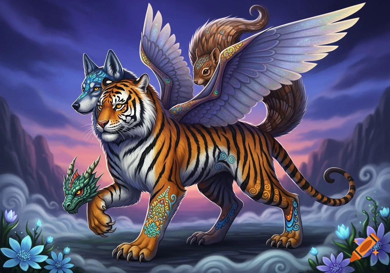 A vibrant alebrije with a tiger's body, a wolf's head, a squirrel's tail, a dragon's head as a paw, and iridescent wings, in a fantasy landscape.