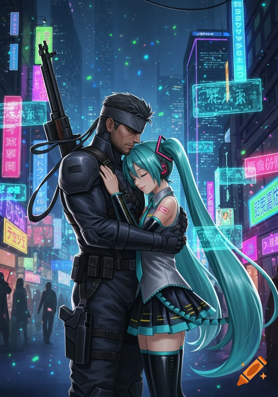 Solid Snake and Hatsune Miku embrace in a neon-lit cyberpunk city at night, in an anime art style.