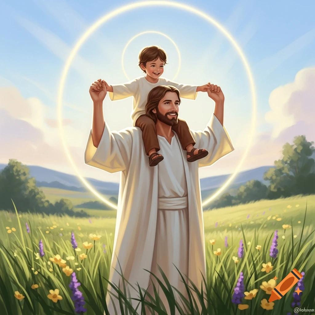 Jesus carries a smiling child on his shoulders in a sunny, wildflower field, depicted in a hopeful illustration style.