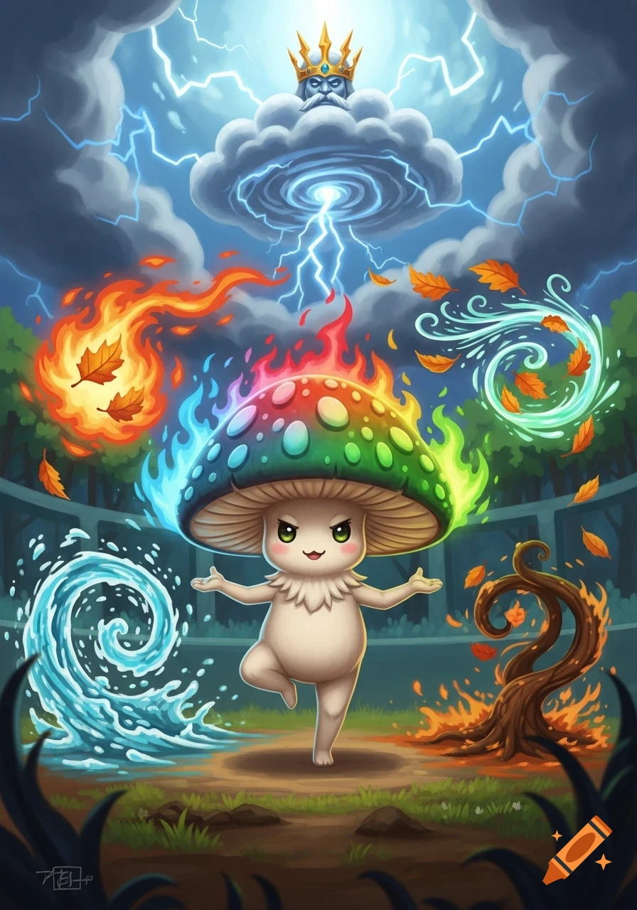 A cute mushroom with a rainbow cap stands amidst fire, water, wind, and lightning elemental powers, overlooked by a cloud king in a vibrant cartoon fantasy.