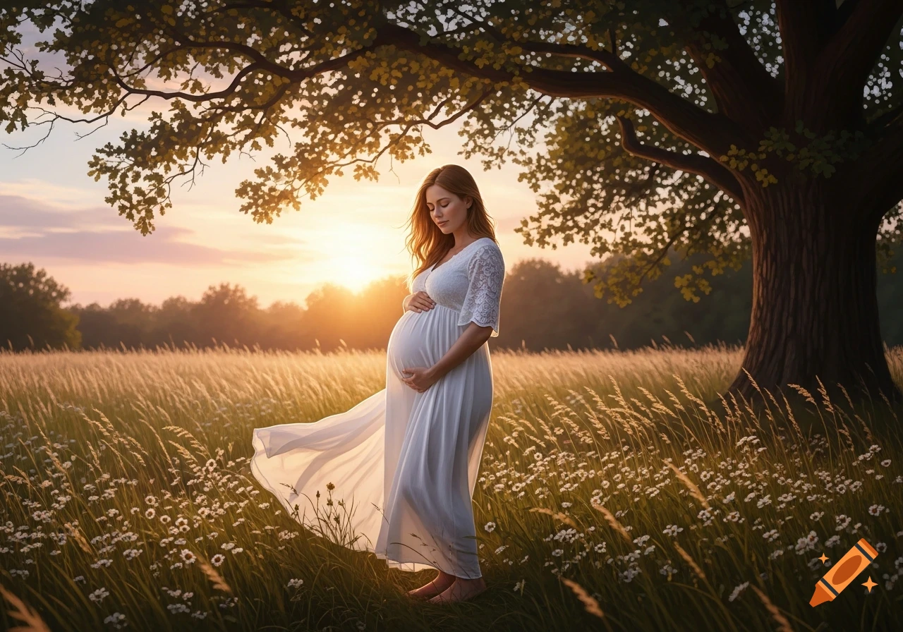 A pregnant woman in a white dress stands holding her belly in a sunlit field with an oak tree at sunset.