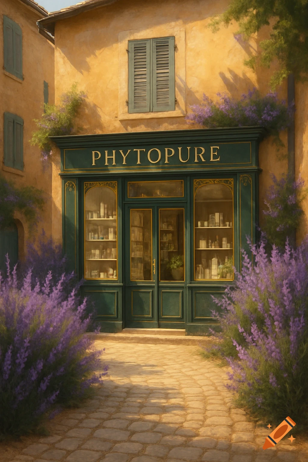 A quaint French-style storefront named "PHYTOPURE" with a dark green facade and gold trim, surrounded by vibrant purple lavender bushes and a cobblestone path.
