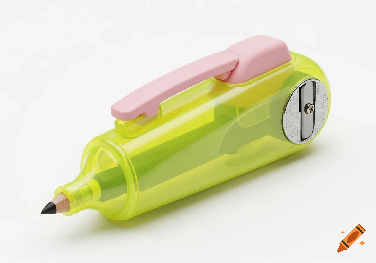 A translucent neon yellow highlighter with a pink clip handle, a pencil point at one end, and a silver pencil sharpener on the side.
