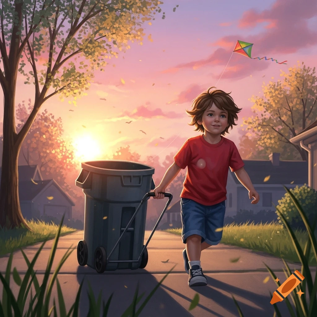 A young boy pulls a trash can down a suburban sidewalk at sunset, a colorful kite flying above.