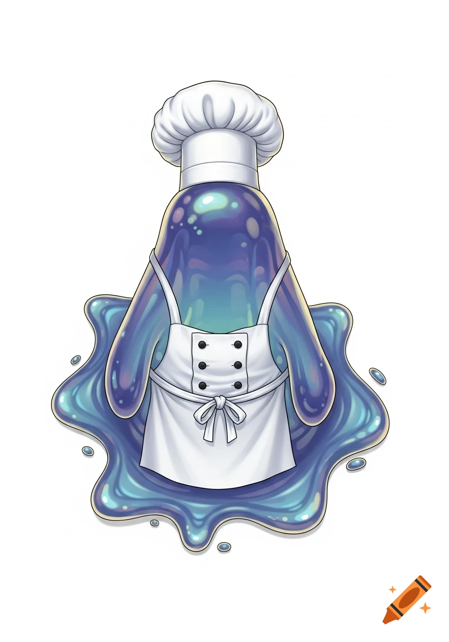 A cartoon blue plasmoid creature wearing a white chef's hat and apron, viewed from above, on a white background.