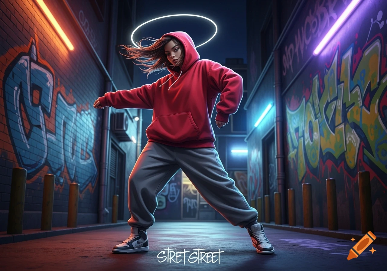 A female hip-hop dancer in a red hoodie and grey sweatpants poses in a graffiti-covered urban alley with neon lights.