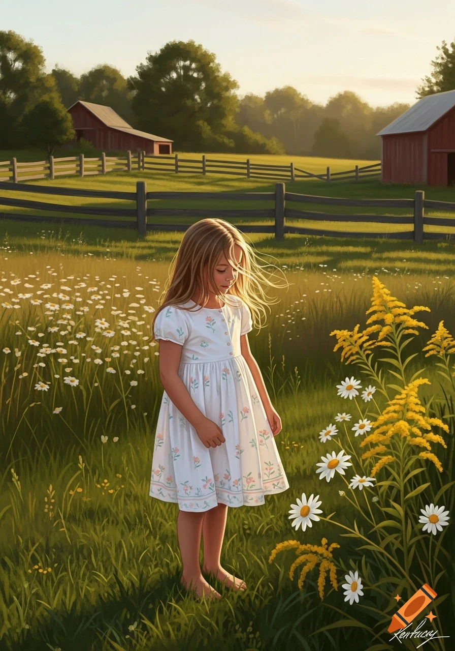 A young girl with long blonde hair stands barefoot in a sunlit wildflower meadow, looking down. Red barns and a wooden fence are in the background. Digital painting style.