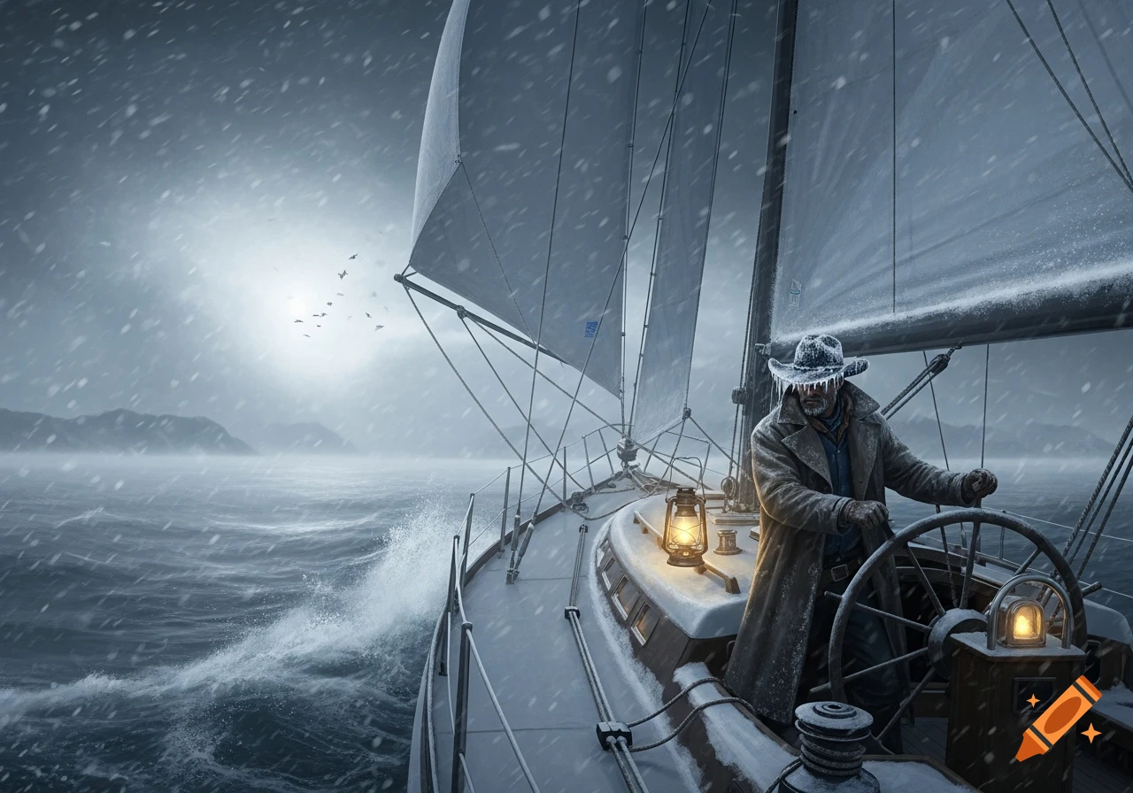 A cowboy-hatted man steers a sailboat through a heavy snowstorm on a choppy sea, with mountains in the background.