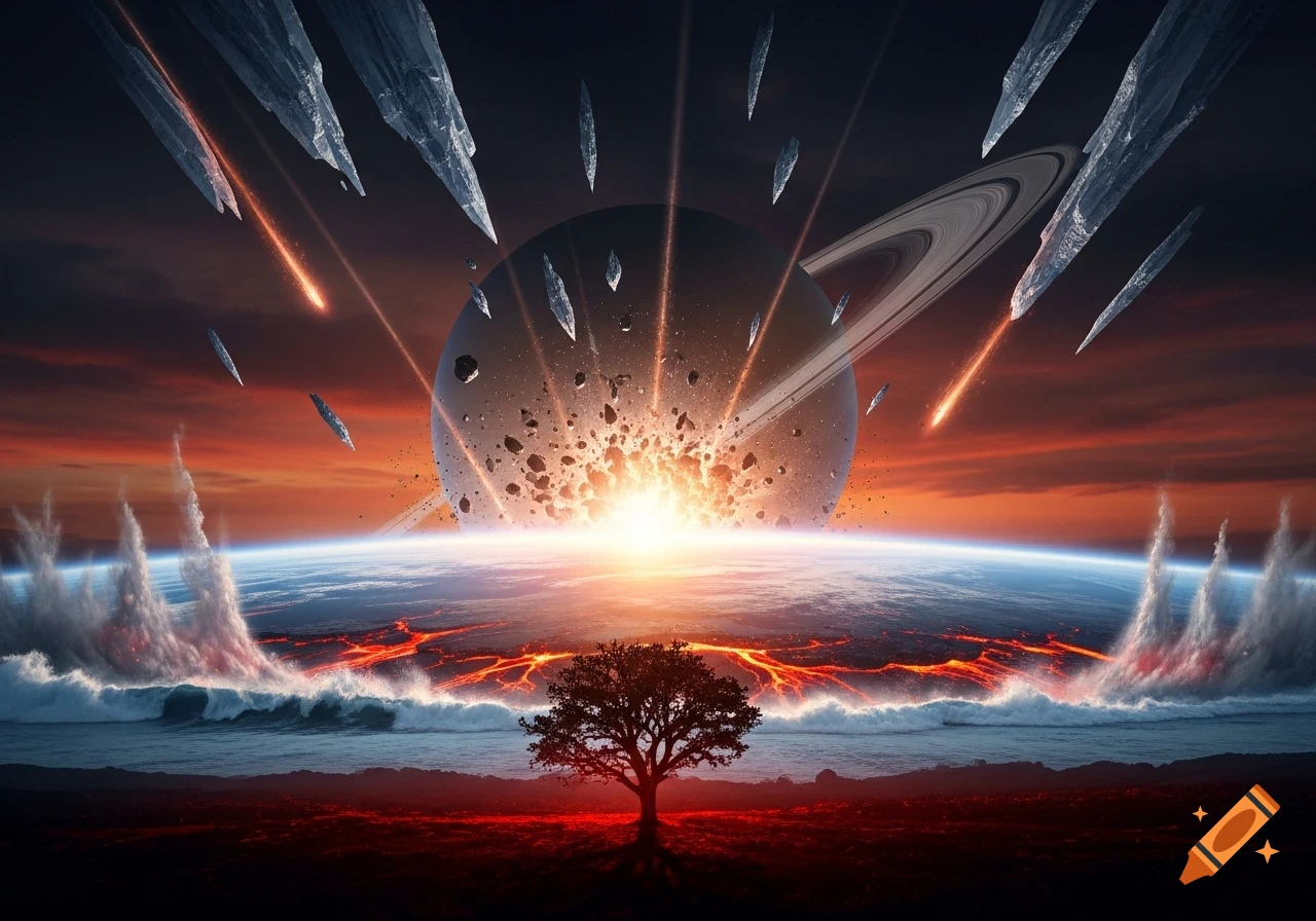 A cataclysmic scene with Saturn exploding above Earth, meteors raining down, giant waves, and lava surrounding a lone tree.