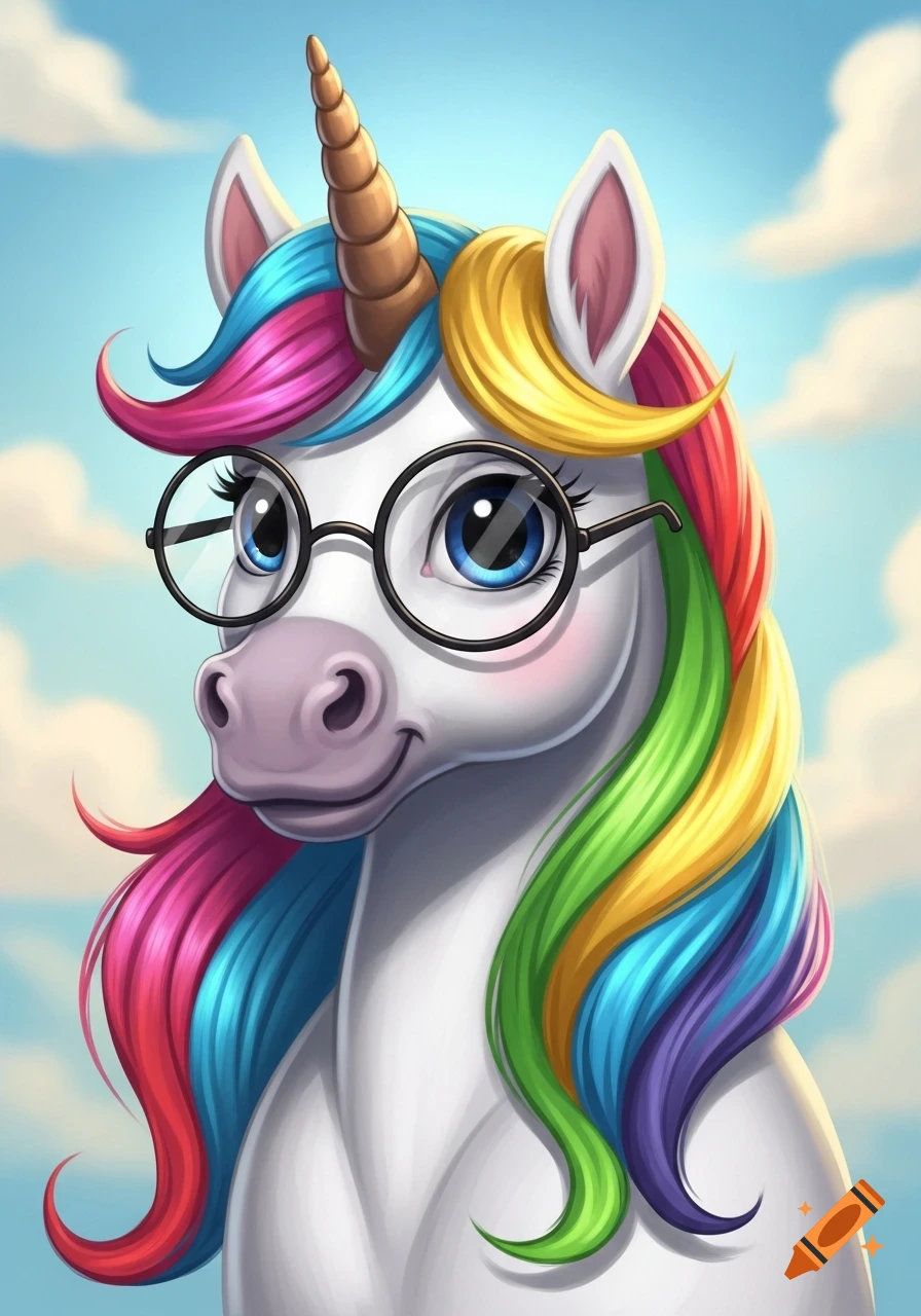 A cartoon unicorn portrait wearing round glasses, with a flowing, rainbow-colored mane and a spiral horn against a cloudy blue sky.