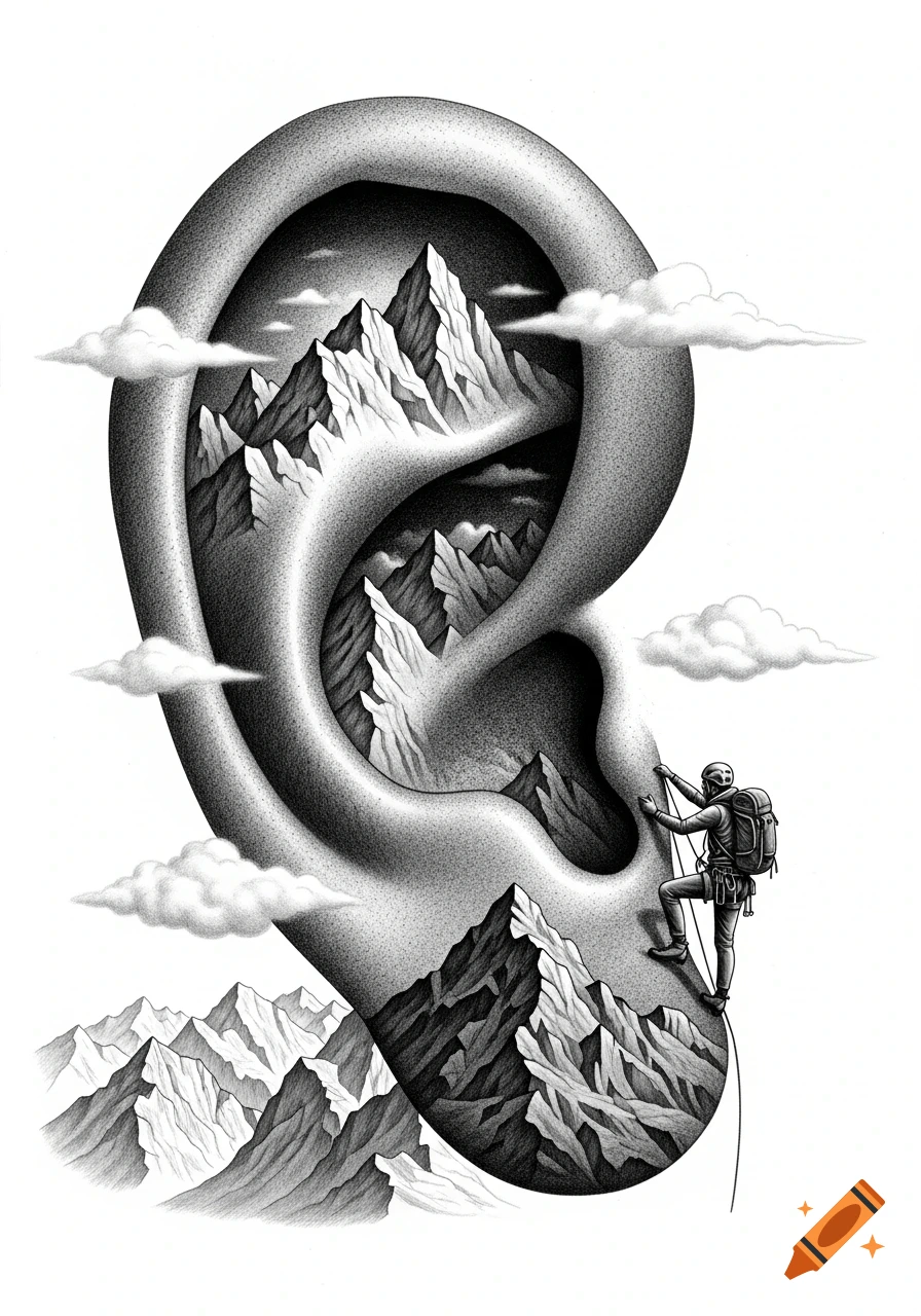 Black and white surreal drawing of a rock climber scaling a mountain range formed by a large human ear, with clouds around the peaks.