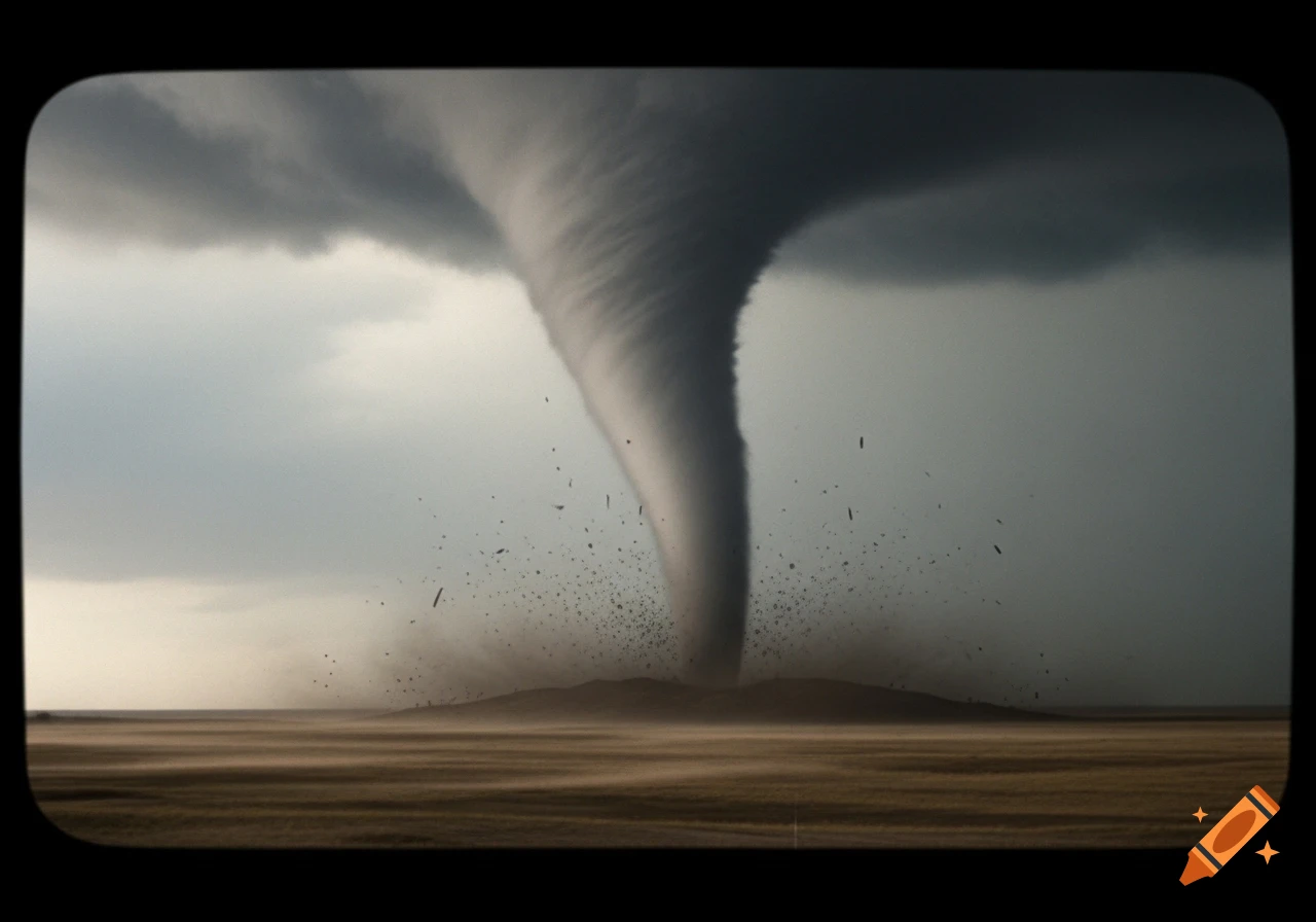 A realistic image from a camcorder showing a massive wedge tornado in a flat, dusty field under a dark, cloudy sky, with debris swirling at its base.