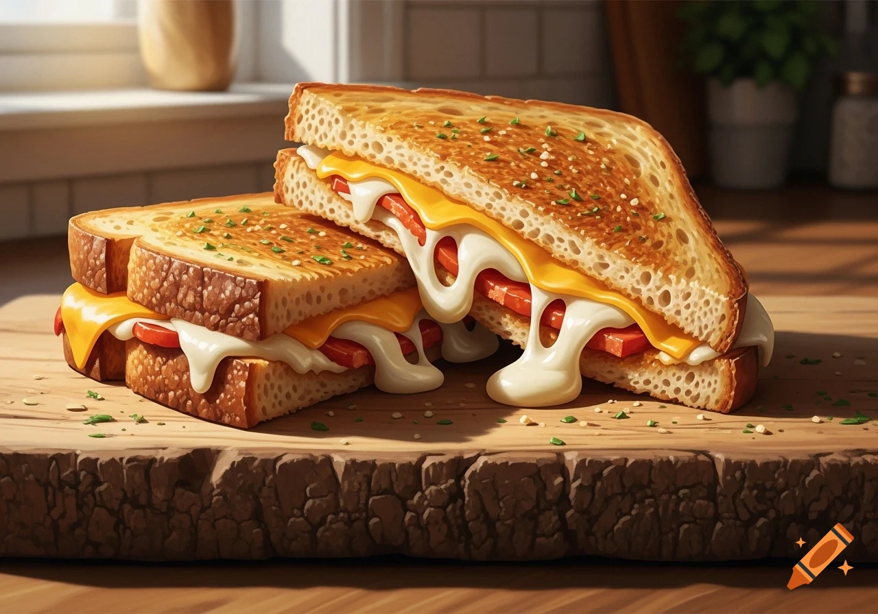 Two golden grilled cheese sandwiches on thick toasted bread with melted white and yellow cheese, and red fillings, on a wooden board.
