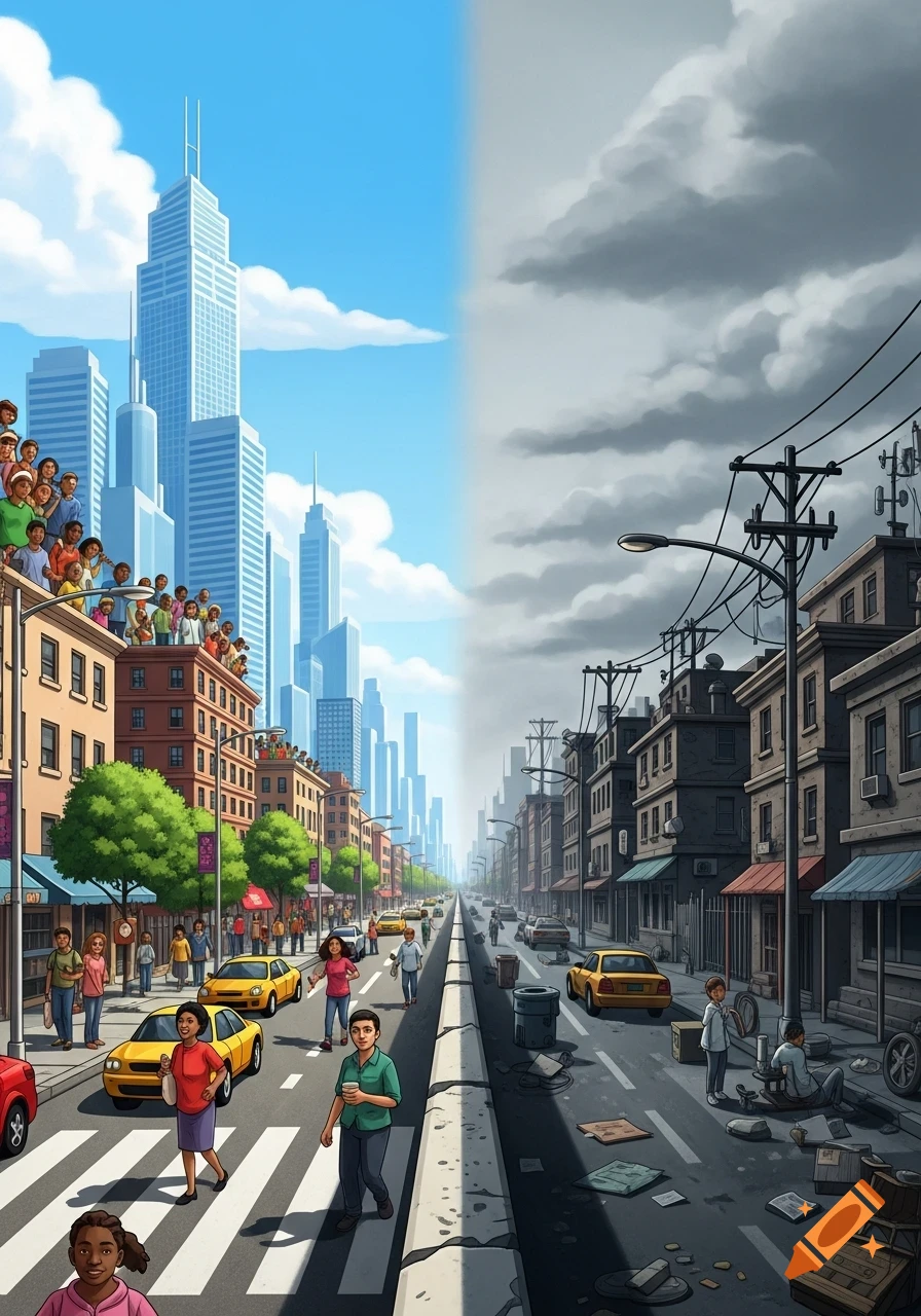 Cartoon illustration of a city split in half, one side vibrant and prosperous, the other neglected and decaying.