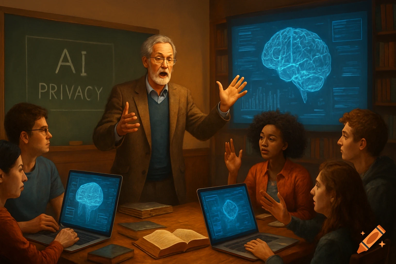 A professor lectures students in a classroom about AI and privacy, with brain scans on screens and a blackboard.