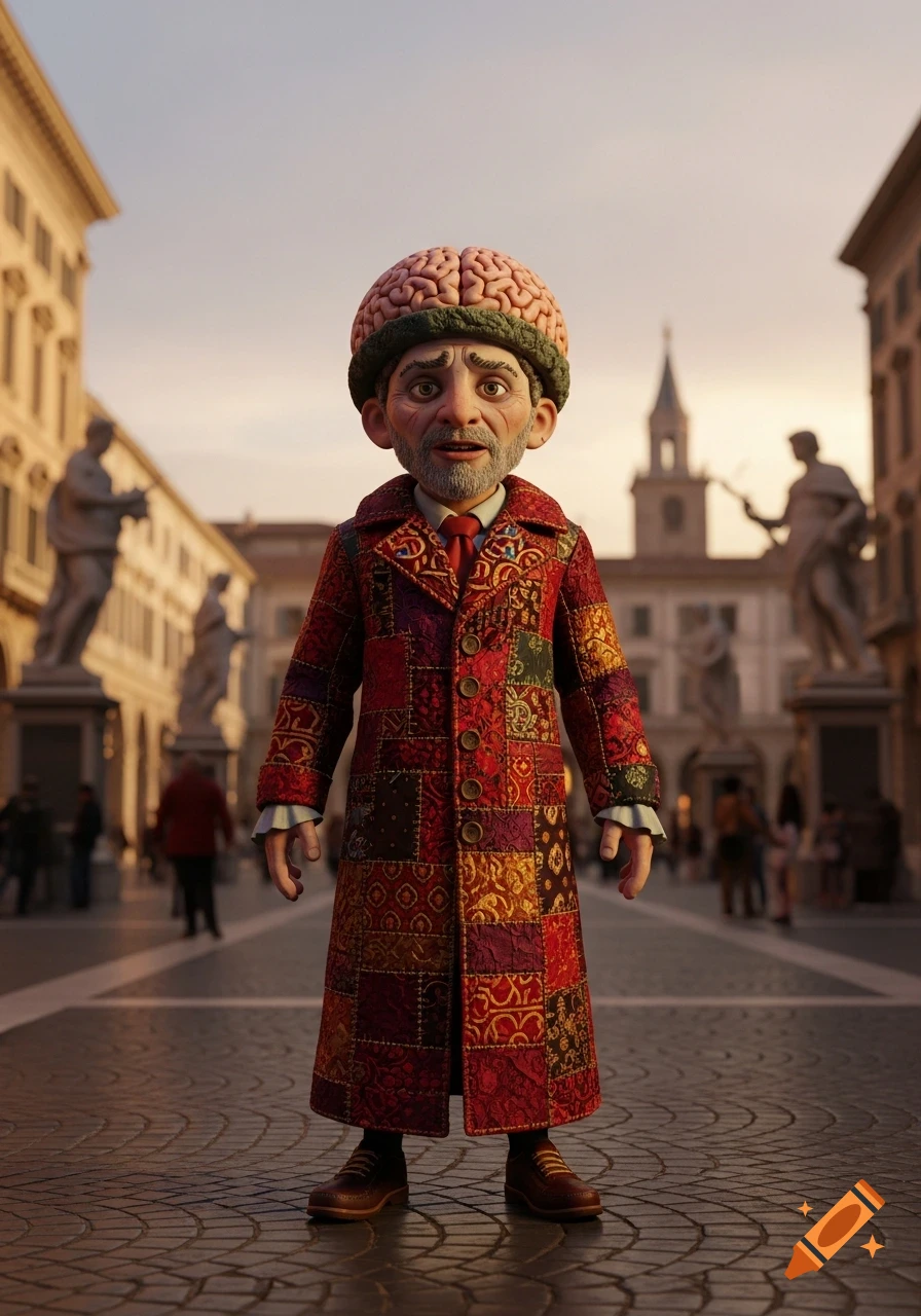 A 3D rendered, stop-motion style character with a brain-like hat and a patchwork coat stands on a cobblestone street in an Italian city at sunset.