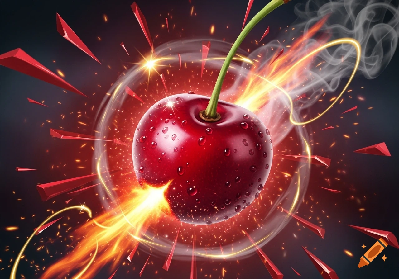 A vibrant red cherry covered in water droplets explodes with fire, smoke, and golden energy, surrounded by red shards on a dark background.
