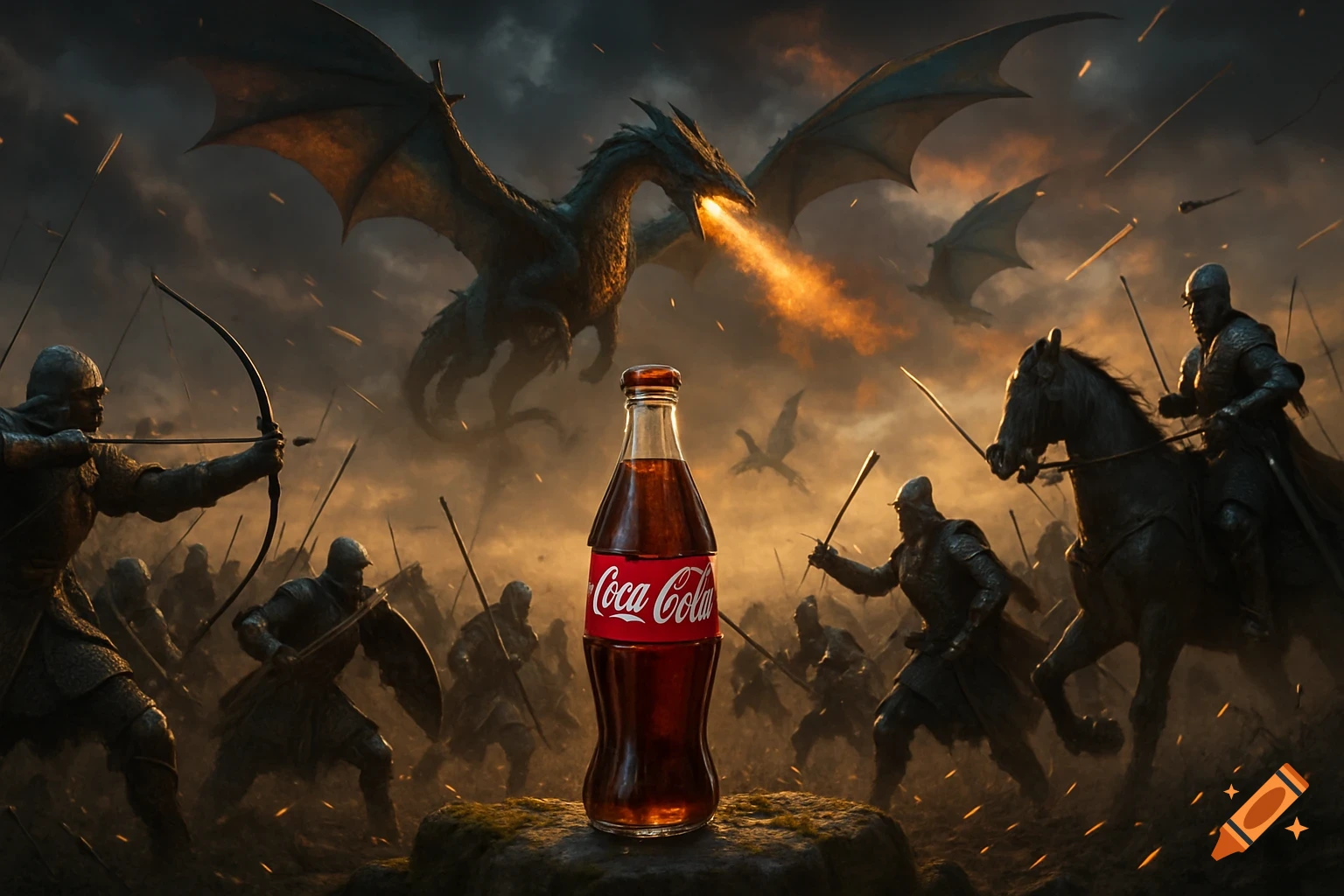 A photorealistic scene of medieval soldiers battling fire-breathing dragons, with a Coca-Cola bottle prominently placed in the foreground.