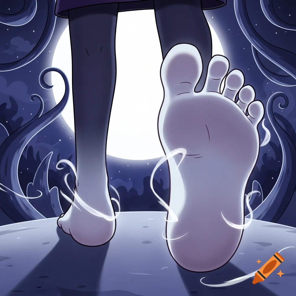 Animated close-up of bare feet, one sole prominent, on a surface with a mystical moon and swirling tendrils in the background.