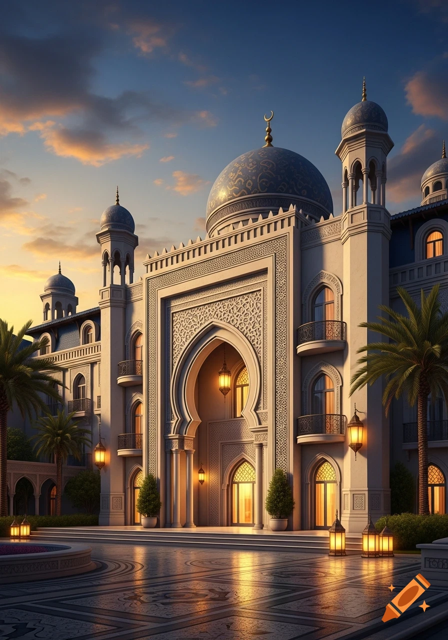 A grand building with Middle Eastern architecture, a large dome, intricate carvings, palm trees, and glowing lanterns at sunset.
