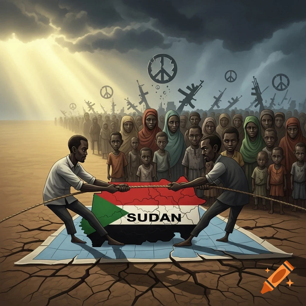 A stylized political cartoon shows two men in a tug-of-war over a map of Sudan, with a distressed crowd and broken peace symbols under a stormy sky.