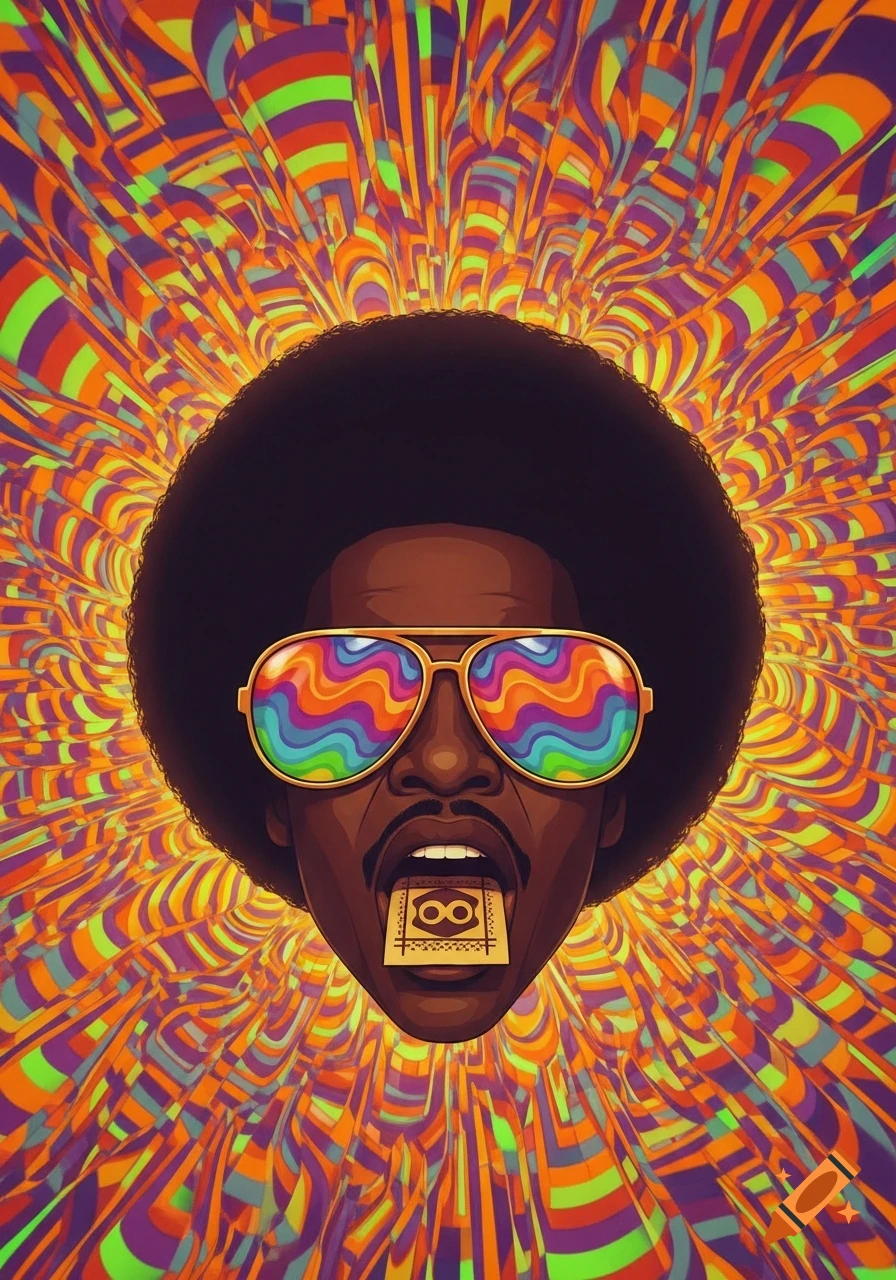 A vibrant illustration of a man with an afro and rainbow sunglasses, with a square paper on his tongue, set against a trippy colorful geometric background.