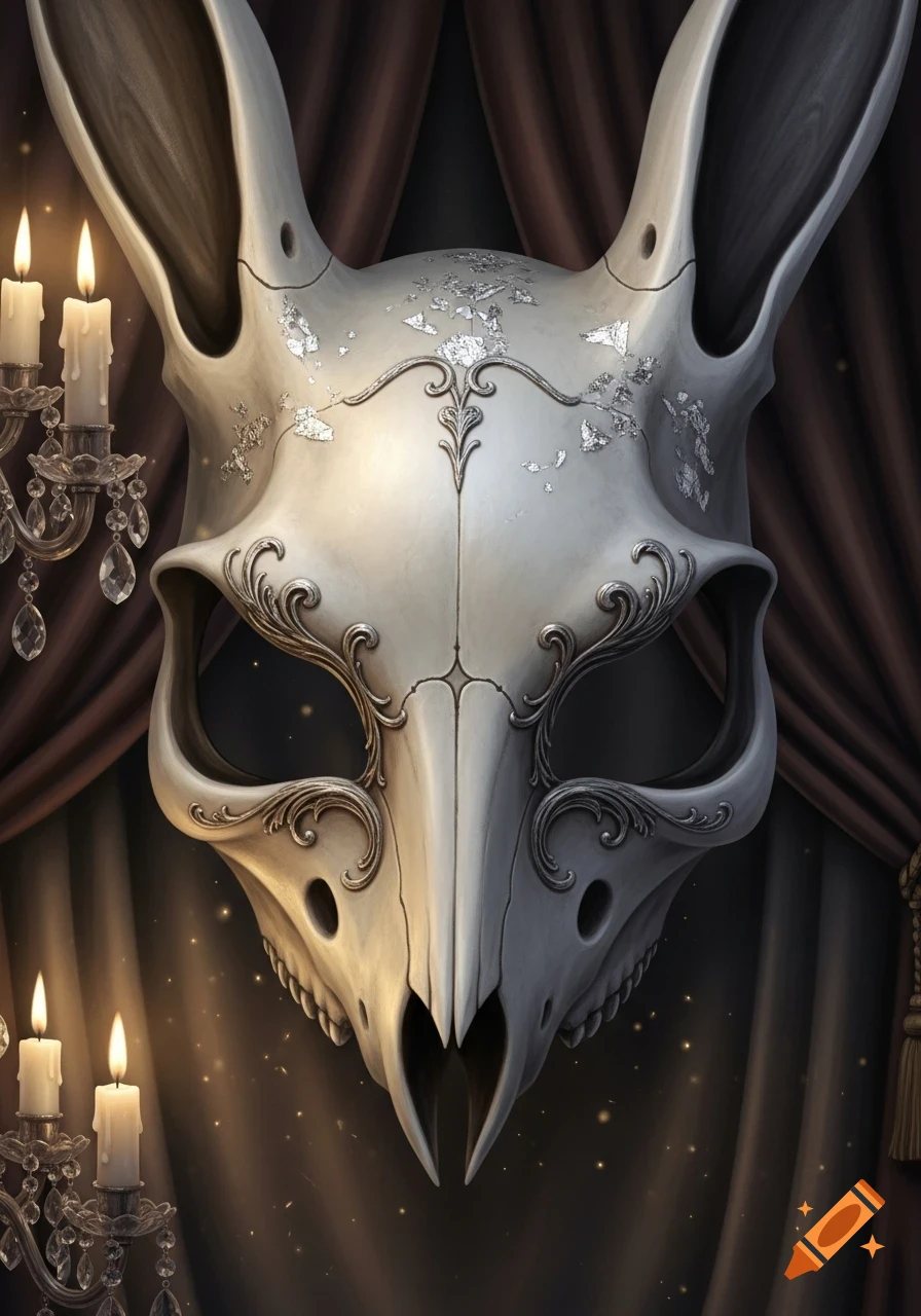 Ornate white masquerade mask shaped like a rabbit skull with long ears and silver details, with lit candles and dark curtains.