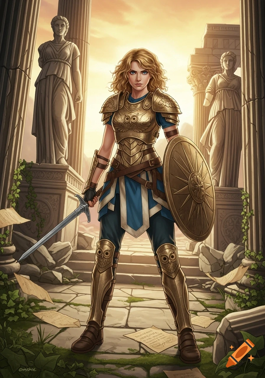 A blonde female warrior in golden owl-themed armor stands with a sword and shield amidst ancient Greek ruins at sunset.