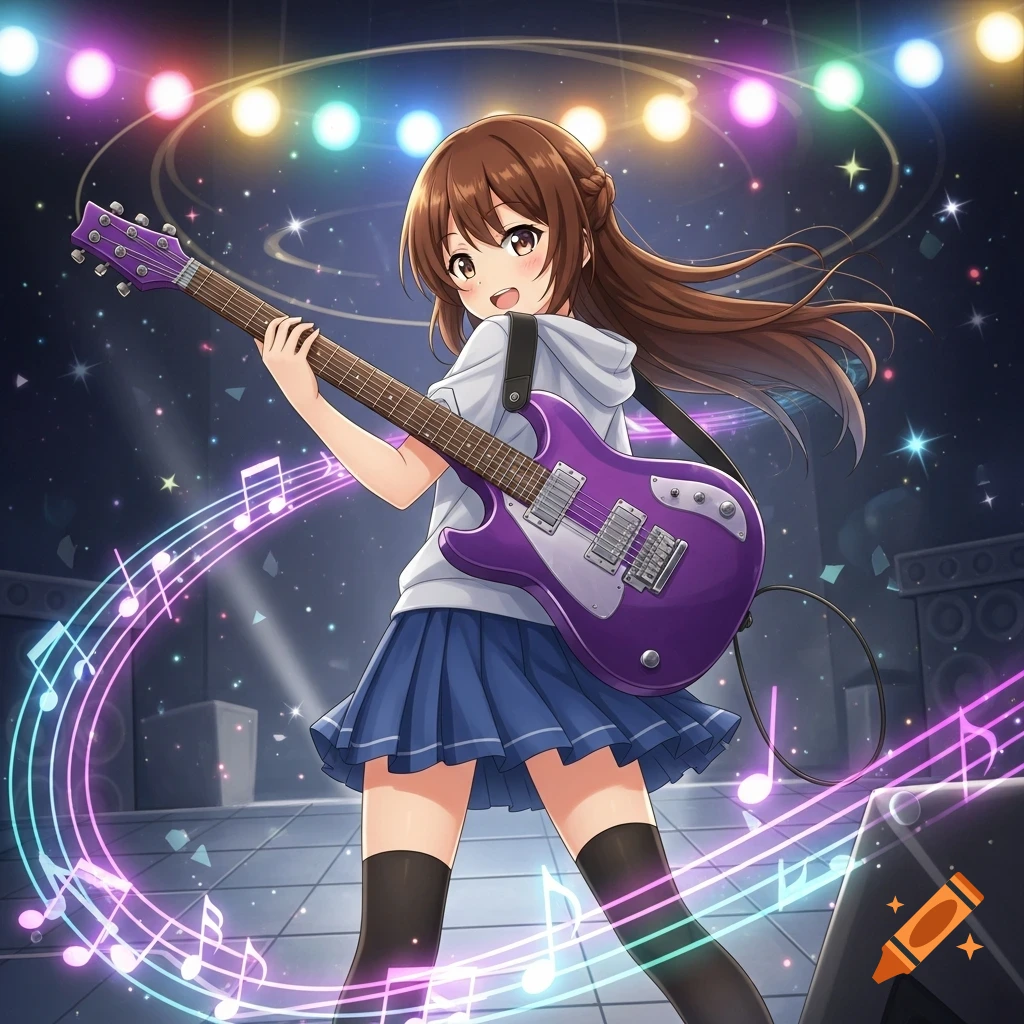 A cute anime girl with brown hair plays a purple electric guitar on a stage with colorful spotlights and musical notes.