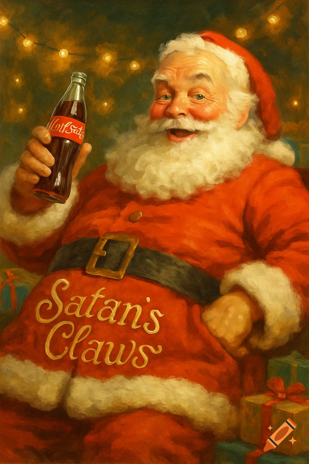 A painted portrait of Santa Claus in a red suit, holding a bottle of soda, with "Satan's Claws" written on his belly.