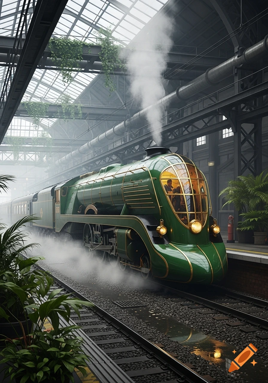 A retro-futuristic emerald-green and brass train in a misty, plant-filled industrial station with wet tracks reflecting light, photorealistic.