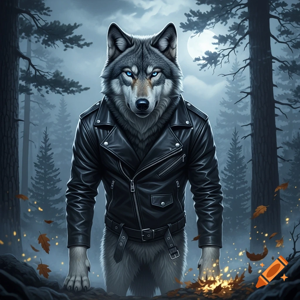 An anthropomorphic wolf with piercing blue eyes wears a black leather jacket, standing in a dark, misty forest under a full moon.