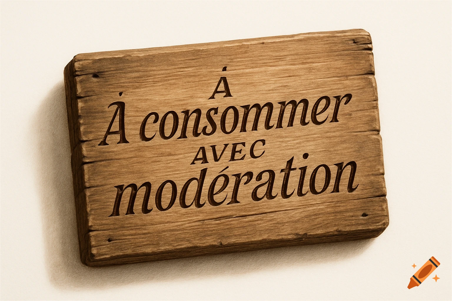 A rustic wooden sign with the phrase "À consommer AVEC modération" (Consume in moderation) carved into it, on a plain white background.