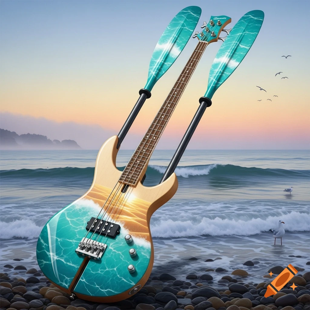 A bass guitar with ocean wave and sandy beach patterns on its body, featuring two turquoise kayak paddles. It stands on a pebble beach at sunset.
