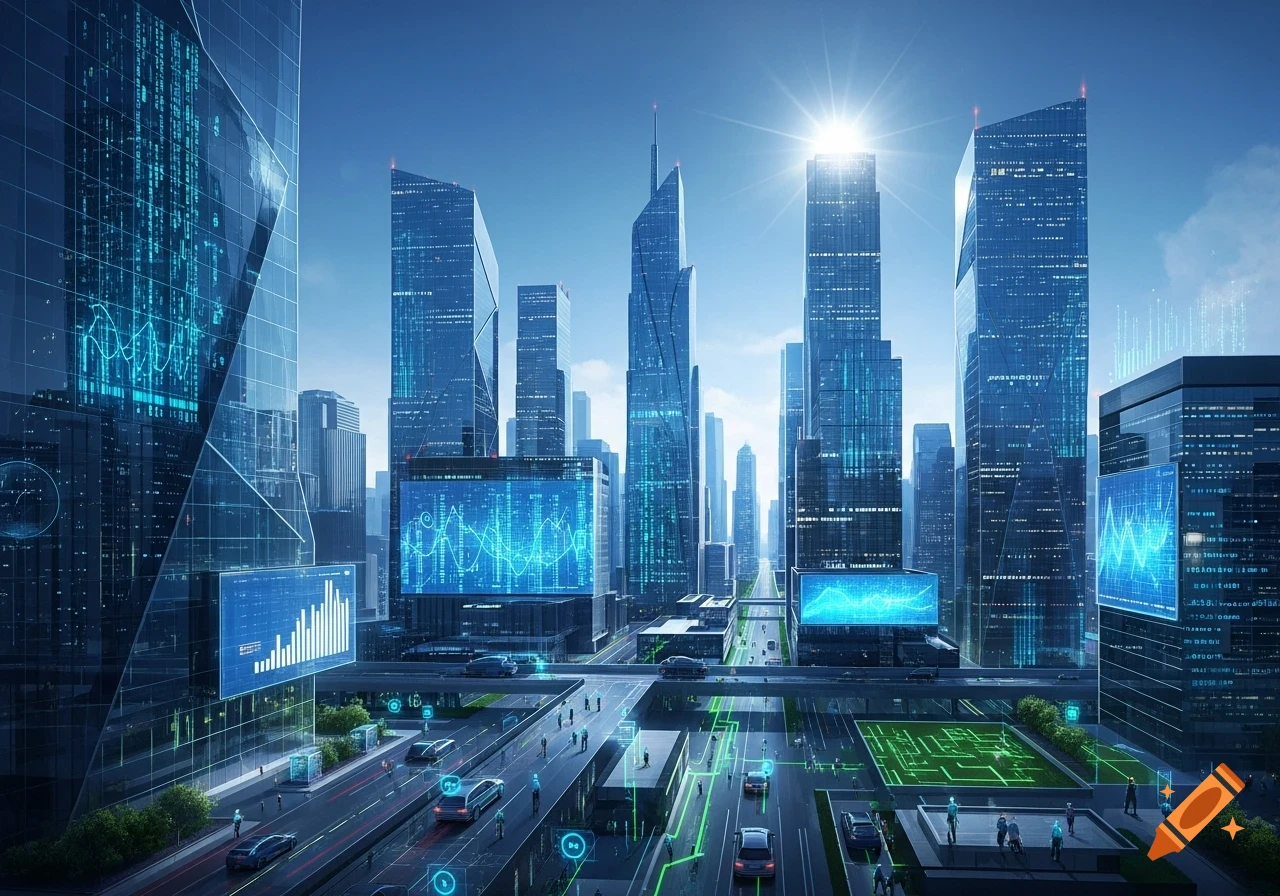 A futuristic cityscape with towering glass buildings featuring vibrant digital displays of data and graphs, and advanced infrastructure.