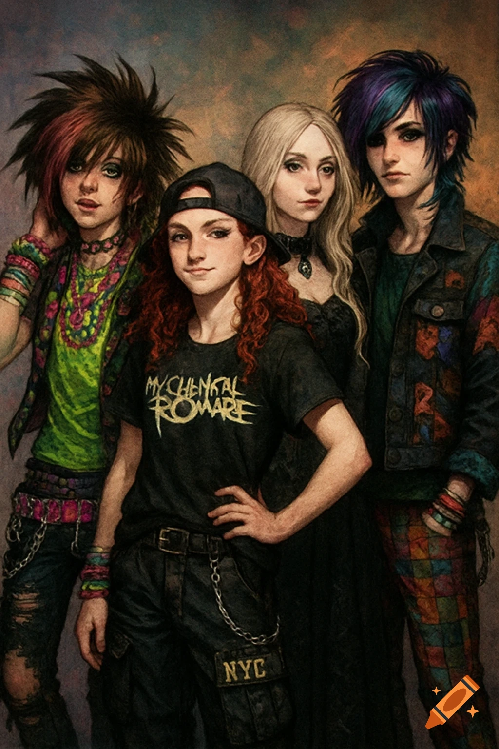 Four young people in punk, scene, and gothic styles stand together. One wears a backward cap and a My Chemical Romance shirt, another has spiky hair and neon clothing, a third has long blonde hair in gothic attire, and the fourth has purple and blue hair with DIY punk clothes.