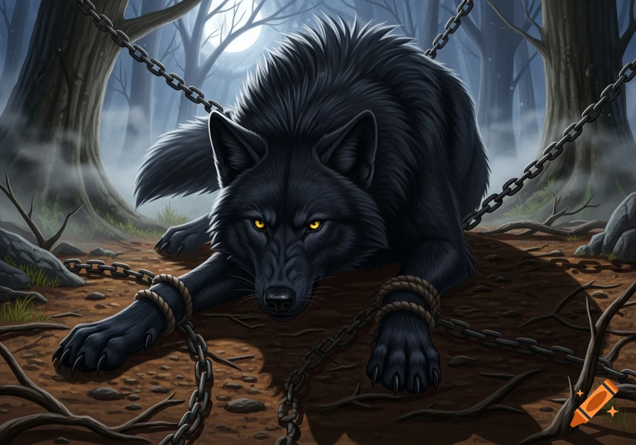 A black wolf with glowing yellow eyes, bound in chains and rope, crouches on the forest floor at night under a full moon.