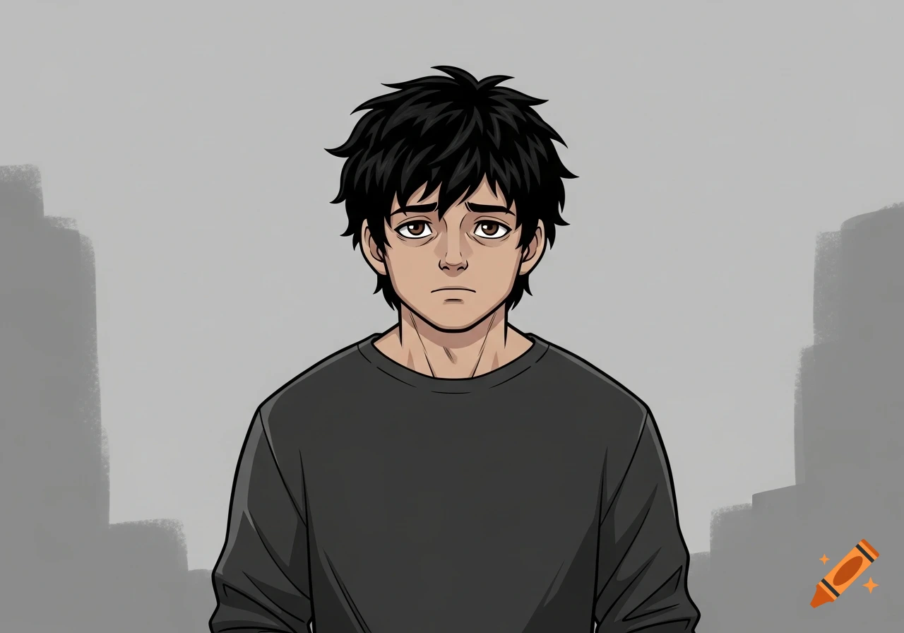 Anime portrait of a sad young man with black spiky hair and tired brown eyes, wearing a dark gray shirt against a simple gray background.