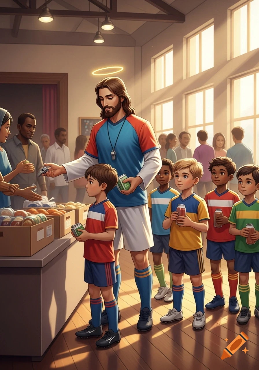 Jesus in a soccer jersey and halo, with young children in matching jerseys, hands out food at a community food pantry.